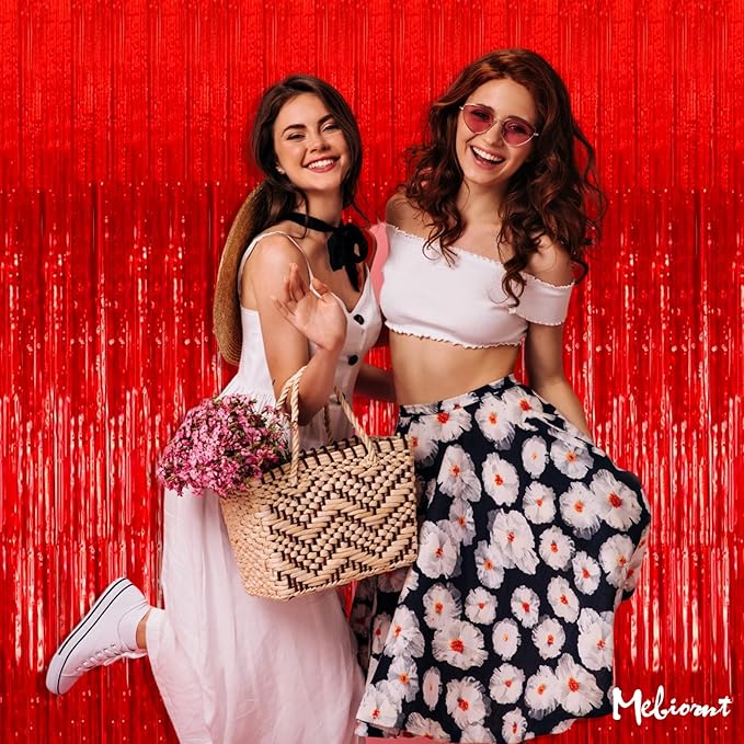 4 Pack Red Fringe Curtain Backdrop, 3.2Ft x 8.2Ft Metallic Tinsel Foil Fringe Streamers Background for Photo Booth Birthday Wedding Baby Shower Carnival Easter Mother’s Day Party Decorations