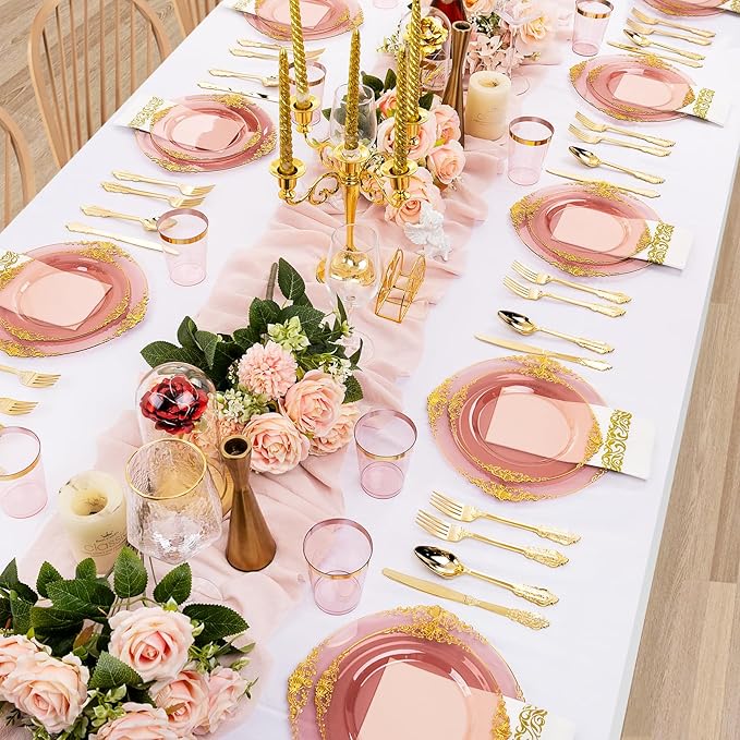 Hioasis 175pcs Burgundy and Gold Plastic Plates - Elegant Disposable Dinnerware Set Suitable for 25 Guests Include 10.25" Dinner & 7.5" Dessert Plates, Cutlery, Napkins, Cups for Party