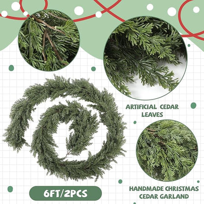 Jutom 2 Pcs 6 ft Thick Christmas Cedar Garland Artificial Realistic Soft and Flexible Full Faux Green Cedar Pine Garland for Home Indoor Xmas Holiday Mantle Fireplace Party Decoration