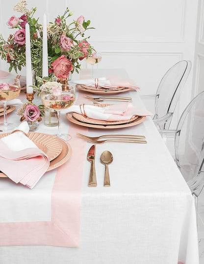 Solino Home Linen Table Runner 108 Inches Long - 100% Pure Linen Blush Pink and White Dining Table Runner 14 x 108 Inch - Contempo