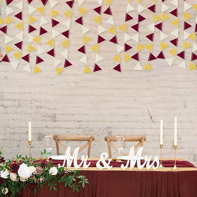 Maroon Gold Party Decorations Burgundy Beige Gold Glitter Felt Hanging Triangle Mini Bunting Pennant Banner Flag for Birthday Graduation Wedding Baby Shower Anniversary Party Nursery Classroom Decor