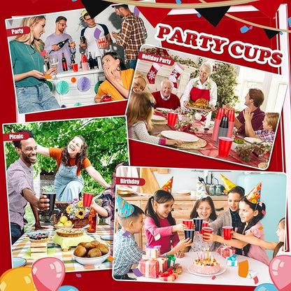 KesaPlan 100 PCS 12 OZ Plastic Cups, Happy New Year Party Cups Black and Red Cups Disposable Drinking Cup Bulk For Christmas Graduation Wedding Birthday Halloween Family Gathering Festive Celebrations