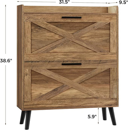 32" W Farmhouse Shoe Storage Cabinet with 2 Flip Drawers and Barn Door Design, Adjustable Shelves, Hidden Slim Narrow Shoe Rack Cabinet for Entryway, Foyer, Hallway, Living Room, Rustic Walnut
