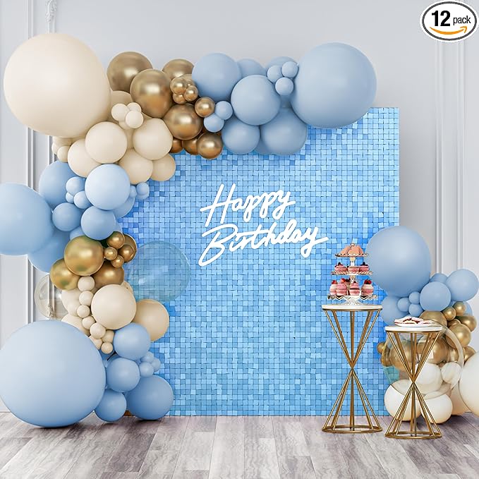 Shimmer Wall Backdrop Baby Blue Square Sequin Wall Panel Backdrop Decor for Wedding, Anniversary, Birthday, Party, 12 Panels