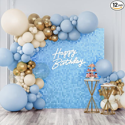 Shimmer Wall Backdrop Baby Blue Square Sequin Wall Panel Backdrop Decor for Wedding, Anniversary, Birthday, Party, 12 Panels