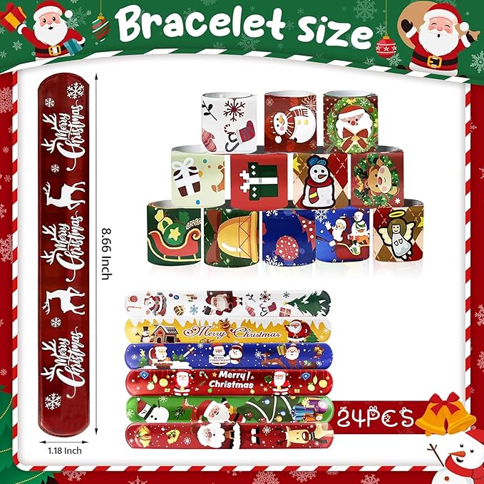99pcs Christmas Decorations Set – 24PCS Slap Bracelets and 75PCS Stickers, Bulk Christmas Gifts and Party Favors, Fun Holiday Wristbands for Festive Gifts & Stocking Stuffers