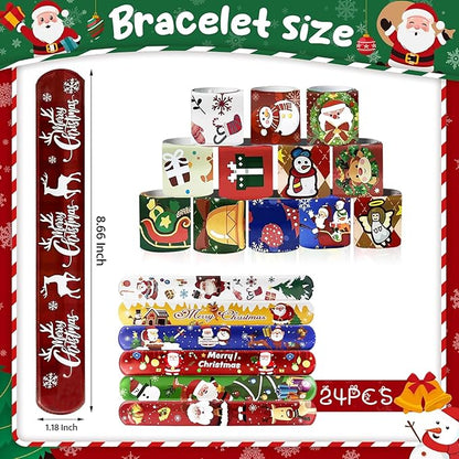 99pcs Christmas Decorations Set – 24PCS Slap Bracelets and 75PCS Stickers, Bulk Christmas Gifts and Party Favors, Fun Holiday Wristbands for Festive Gifts & Stocking Stuffers
