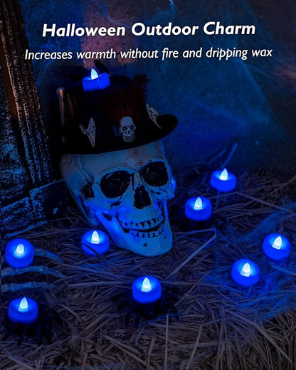 Flameless Candles, 12 Pack Tea Lights Candle Battery Operated, LED Tealight Votives, Realistic Tea Lights for Halloween Christmas Party Decor -D 1.5” x H 1.25” -Blue Light