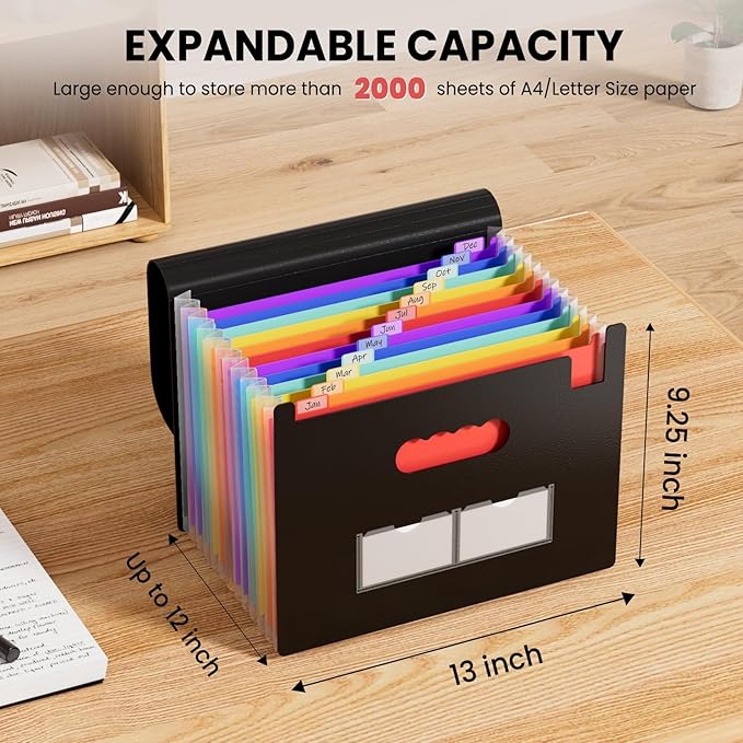 Sooez Accordion File Organizer, 13 Pockets Expanding File Folder, Portable Monthly Paper Bill Tax Receipt Organizer, Letter A4 Size Document Holder with Blank Labels, Black