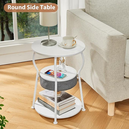 Small Round Side Table with Storage Bag, 3-Tier Accent Round End Table with Storage Shelves for Living Room, 21.6" H Vintage Small Corner Table for Smalls Spaces (D - 15.8 in White)
