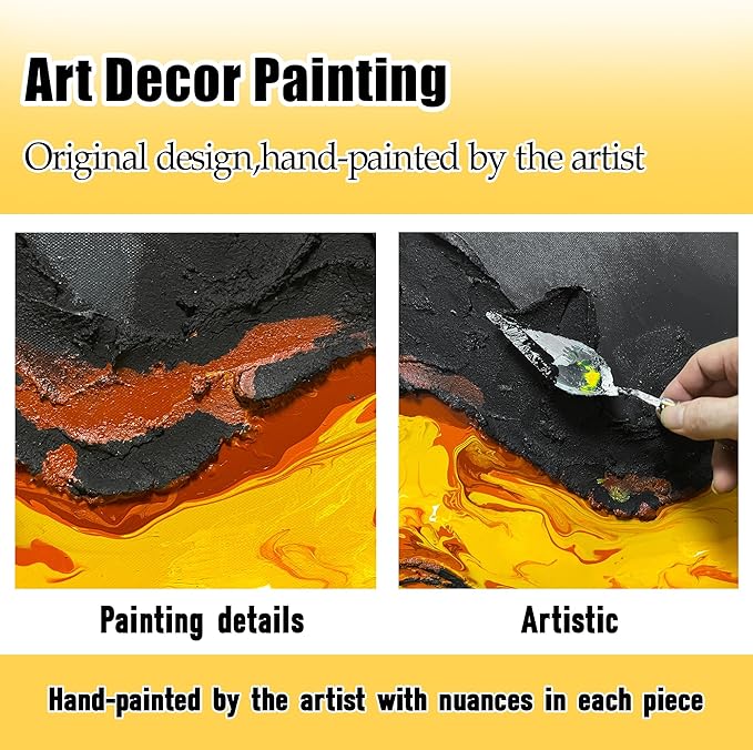 GUGIKA Abstract Wall Art for Living Room, Hand Painted 3D Textured Magma Paintings, Black and Gold Yellow Volcanic Lava Canvas Wall-Decor for Bedroom, Size 40 x 20 Inches