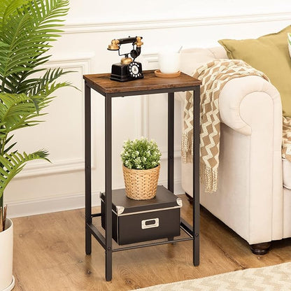 HOOBRO Tall Side Table, Industrial End Telephone Table with Adjustable Mesh Shelves, Small Tall Night Stand for Living Room, Bedroom, Entryway, Office, Rustic Brown and Black BF03DH01