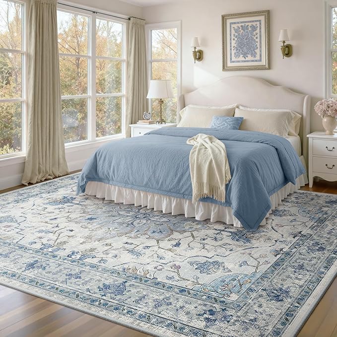 Area Rugs 8'x10' Washable Non-Slip, Floral Vintage Distress Print Pattern Medallion Carpet for Living Room Bedroom Dining Room, Light Blue Navy Beige Gray White