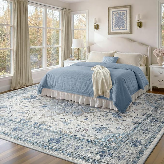 Area Rugs 8'x10' Washable Non-Slip, Floral Vintage Distress Print Pattern Medallion Carpet for Living Room Bedroom Dining Room, Light Blue Navy Beige Gray White