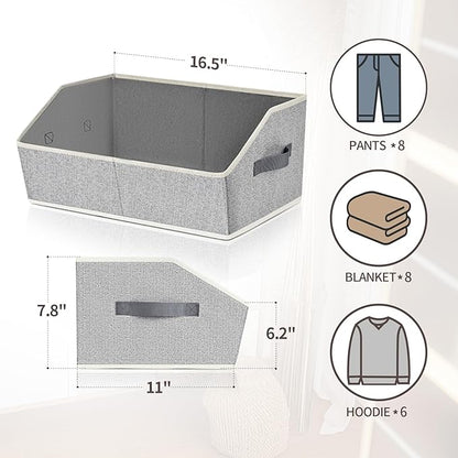 Trapezoid Closet Shelf Organizer - Large Baskets for Organizing, Storage Baskets for Shelves, Cubbies Storage Bins for Clothes, Books, Blankets, 4 Pack, Light Gray