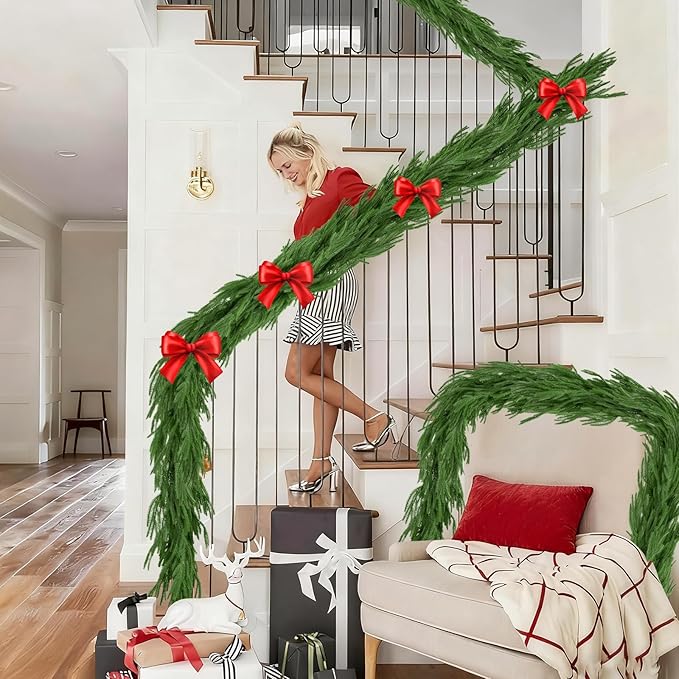 6FT Christmas Garland Artificial Norfolk Pine Garlands Real Touch Winter Green Greenery Garland Christmas Decoration Xmas Garland for Door Table Mantle Wall Indoor Outdoor Christmas Decor