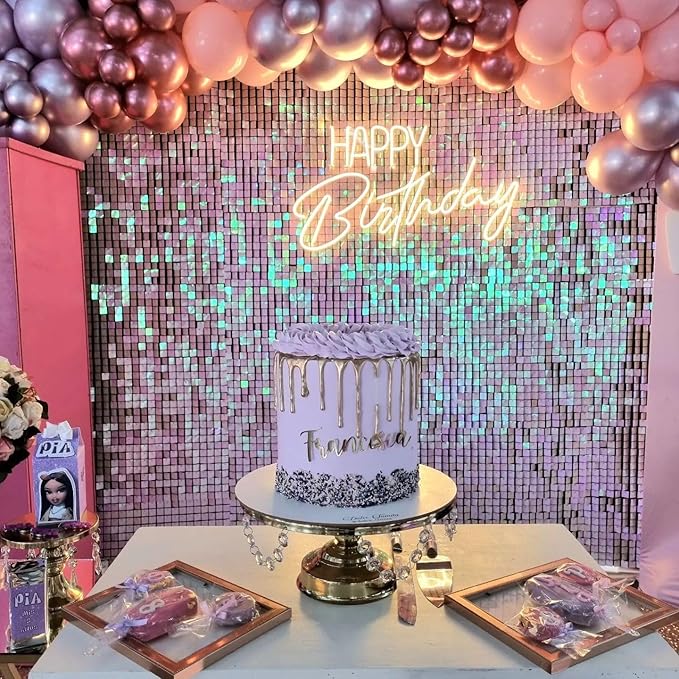 Shimmer Wall Backdrop Pink Iridescent Square Sequin Wall Panel Backdrop Decor for Wedding, Anniversary, Birthday, Party, 12 Panels