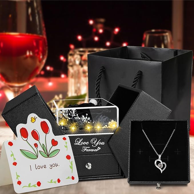 Preserved Black Real Rose -Eternal Flowers Rose Gifts for Mom Grandma Wife Girlfriend Gifts for Her Christmas Birthday Anniversary-with I Love You Necklace