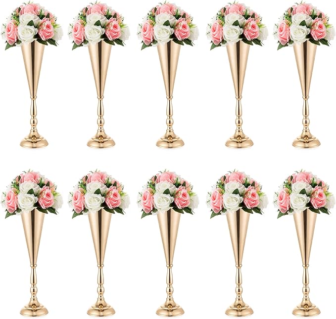 Gold Vase Centerpiece Table Decorations - 10 Pcs Metal Tabletop Flower Stand, Wedding Decorations for Reception, 14in Trumpet Tall Flower Vase for Birthday, Weddings, Anniversary, Home Decor