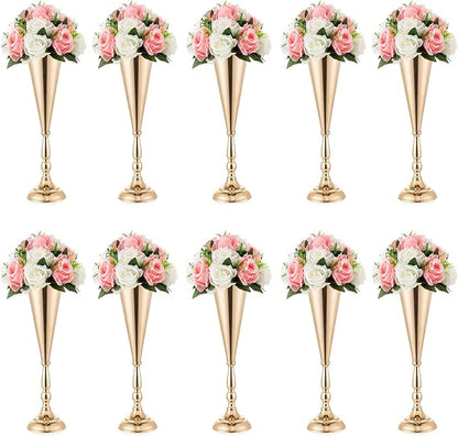 Gold Vase Centerpiece Table Decorations - 10 Pcs Metal Tabletop Flower Stand, Wedding Decorations for Reception, 14in Trumpet Tall Flower Vase for Birthday, Weddings, Anniversary, Home Decor