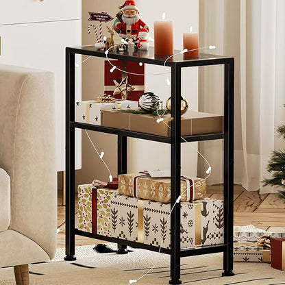 Narrow Side Table Set of 2 for Small Space, 2-Tier Small End Table with Shelf Holder, Slim Nightstand, Skinny Snack Couch Table in Living Room, Bedroom, Study, Kitchen and Balcony (Black)