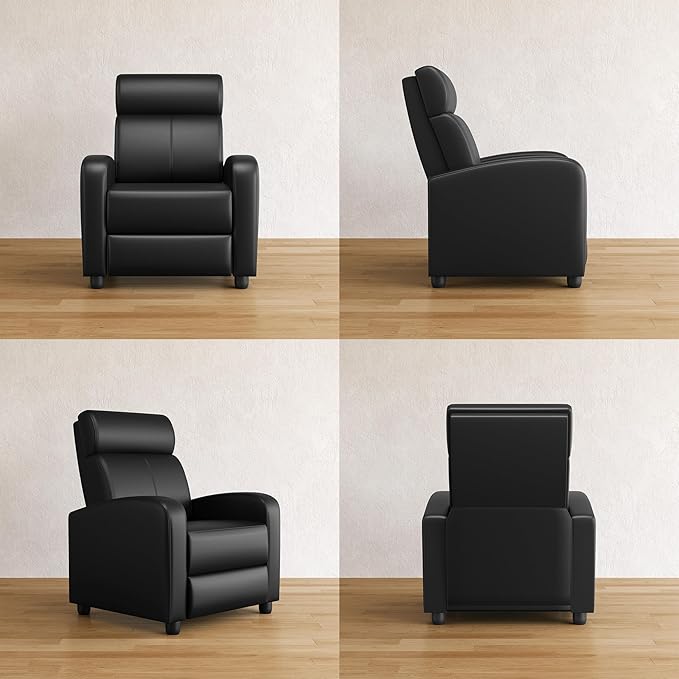 Yaheetech Living Room Chair for Adults, Adjustable Faux Leather Club Recliner Chair with Pocket Spring, Soft Foam Backrest Seat for Home/Theater/RV/Other Small Spaces, Dark Black