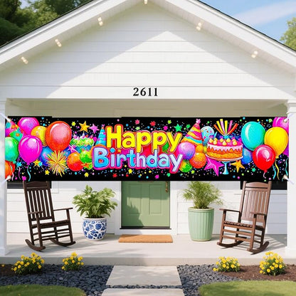 Nuxovilar Happy Birthday Banner Decorations 17.72x78.74 Inch Colorful Party Theme - Polyester for Indoor Outdoor Birthday Party Decor