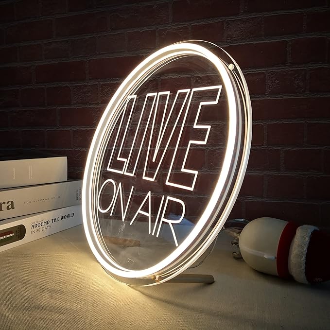 Neon Live On Air Light Sign, USB Powered On Air Led Light Up Sign, Dimmable Wall Décor Round On Air Streaming Neon Sign for Streamer, Gamer, Game Room, Studio Decor (Warm White)