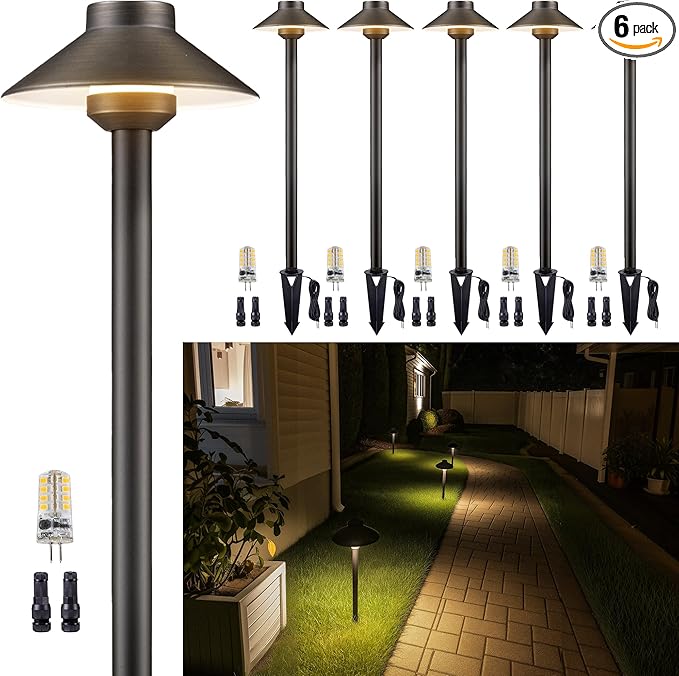 Gardenreet Brass Low Voltage Landscape Lighting - 12V LED Path Lights IP65 Waterproof, Hard-Wired Pathway Light Bronze for Outside Walkway Garden with 3W 2700K Warm White G4 Replaceable Bulb (6 Pack)