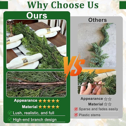 9 FT Christmas Cedar Garland, Thick Green Cypress Garlands, Real Touch Pine Garlands, Realistic Garland Christmas Decorations for Outdoor Indoor Table Mantel Railing Stair Porch Decor