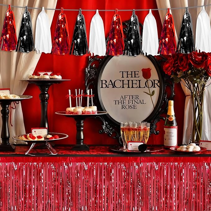 3P Black Red White Tassel Banner Garland Metallic Foil Fringe Banner Tinsel Tassels Streamer Banner Backdrop for Parade Floats Graduation, Halloween, Christmas, Father's Day Party Decorations