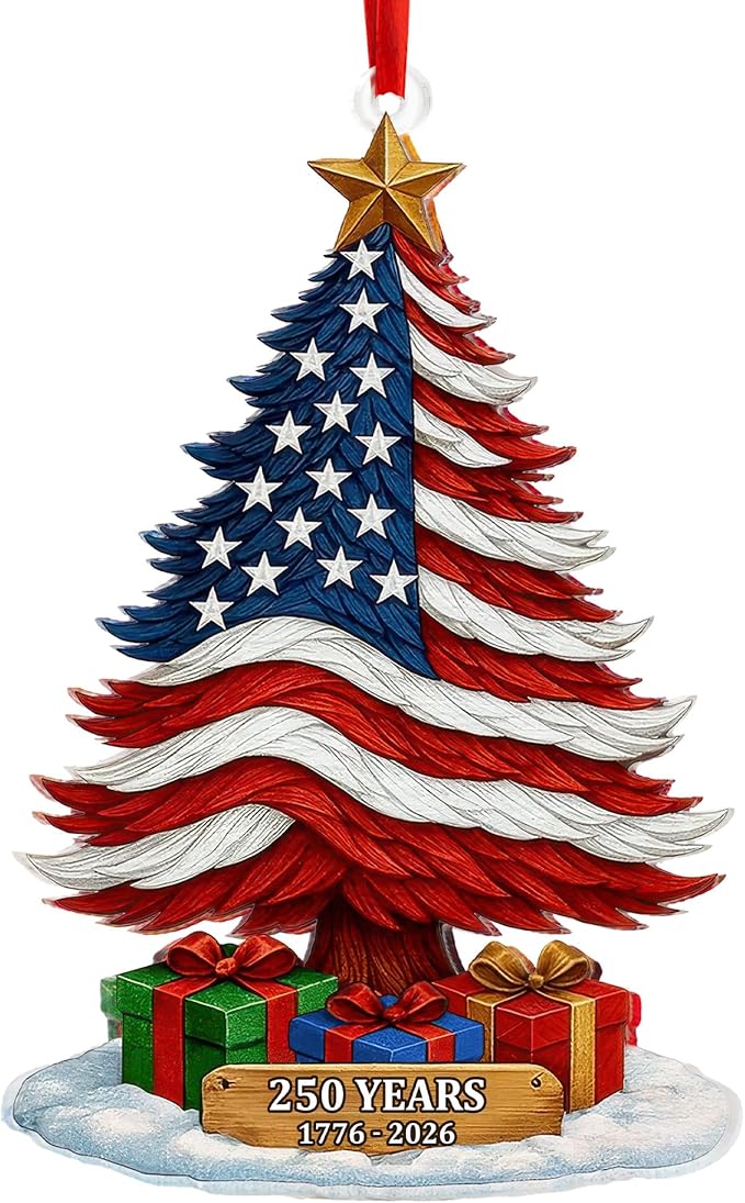 United States 250th Anniversary Ornament, 2D Acrylic 250th Anniversary USA Christmas Tree Ornament, 250 Patriotic American Flag Christmas Ornaments, Gift for US Citizens, Patriotic Collectors Decor