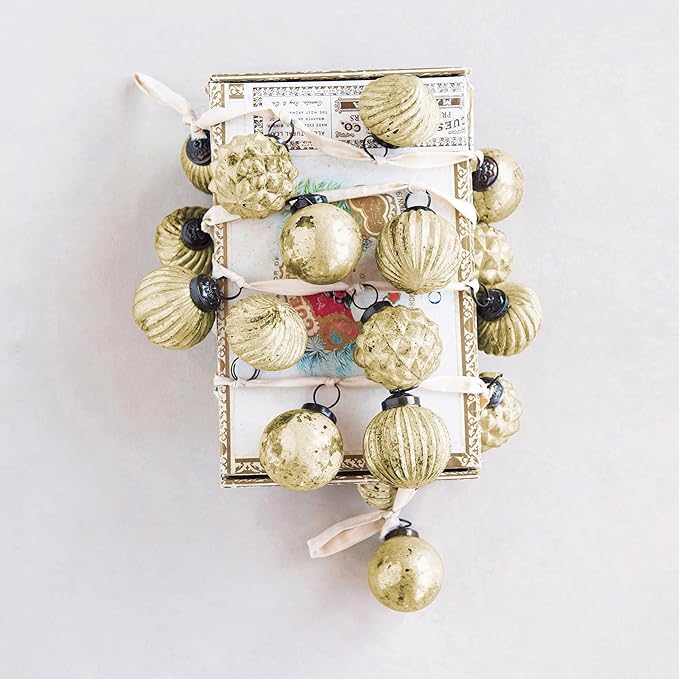 Creative Co-Op Embossed Mercury Glass Ball Ornament Garland, Distressed Matte Cream