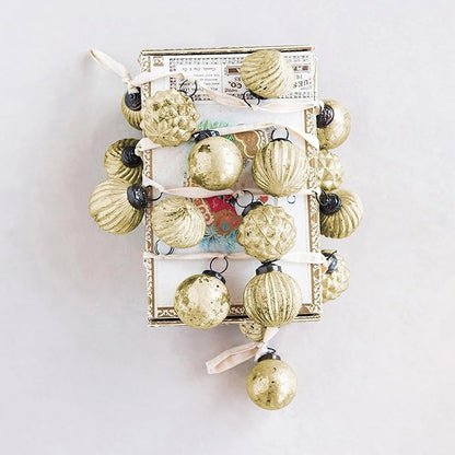 Creative Co-Op Embossed Mercury Glass Ball Ornament Garland, Distressed Matte Cream