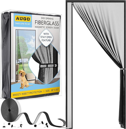 AUGO Fiberglass Magnetic Screen Door Reversible Left Right Side Opening - Self Sealing, Heavy Duty, Hands Free, Keeps Bugs Out - Pet and Kid Friendly - Patent Pending Keep Open Feature – 38” x 83”
