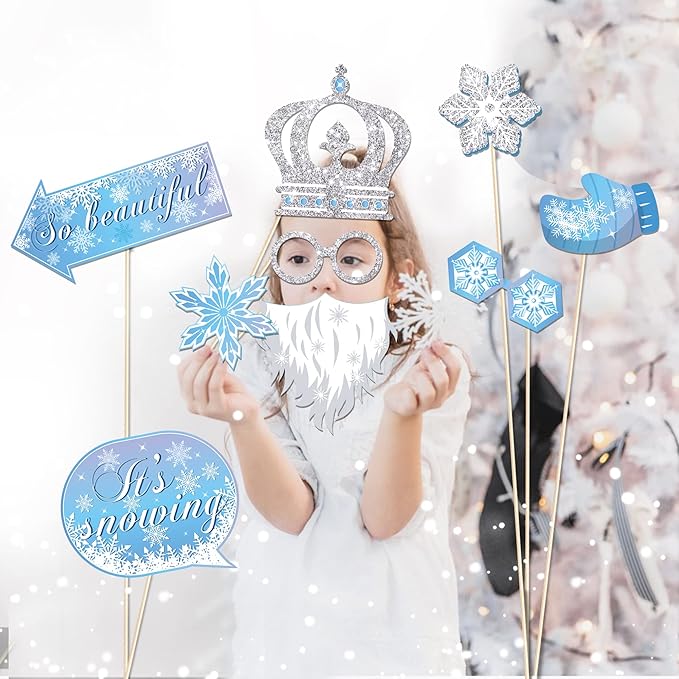 Snowflake Photo Booth Props with Sticks, Blue Snow Photo Booth Props, Christmas Selfie Props, Winter Themed Party Decorations (25CT)