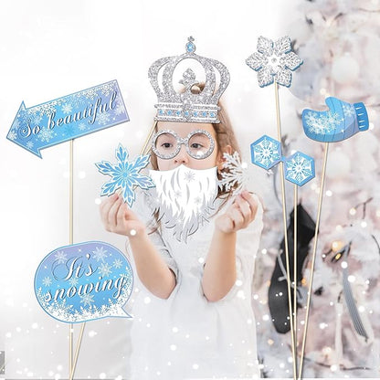 Snowflake Photo Booth Props with Sticks, Blue Snow Photo Booth Props, Christmas Selfie Props, Winter Themed Party Decorations (25CT)