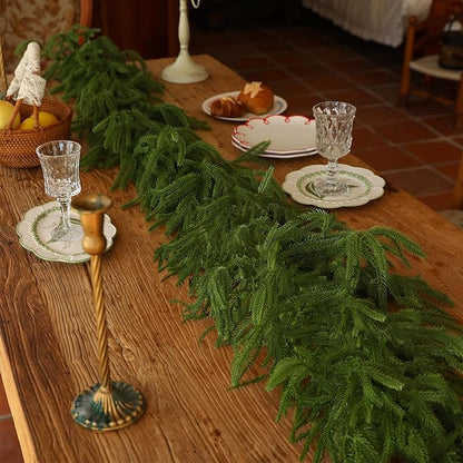 Norfolk Pine Garland Artificial Real Touch Green Thick Faux Norfolk Pine & Cryptomeria 6FT Greenery Christmas Decor for Mantle Fireplace Wall Table Railings Indoor Outdoor Xmas Decorations