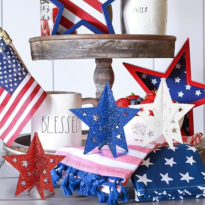 COCHIE 6 Inch Labor Day Decorations Wooden Stars Set, 3D Glitter Star Memorial Day Tiered Tray Decor, 4th of July Red White Blue Patriotic Decoration for Home Table Desk Door Shelf (Cutout, Set of 3)