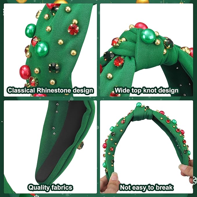 Christmas Headband for Women Xmas Bow Knotted Headbands Green Jeweled Crystal Top Knot Hairband Rhinestone Pearl Wide Head Band for Christmas Holiday Hair Accessories Costume Party Outfits Gifts