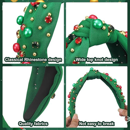 Christmas Headband for Women Xmas Bow Knotted Headbands Green Jeweled Crystal Top Knot Hairband Rhinestone Pearl Wide Head Band for Christmas Holiday Hair Accessories Costume Party Outfits Gifts