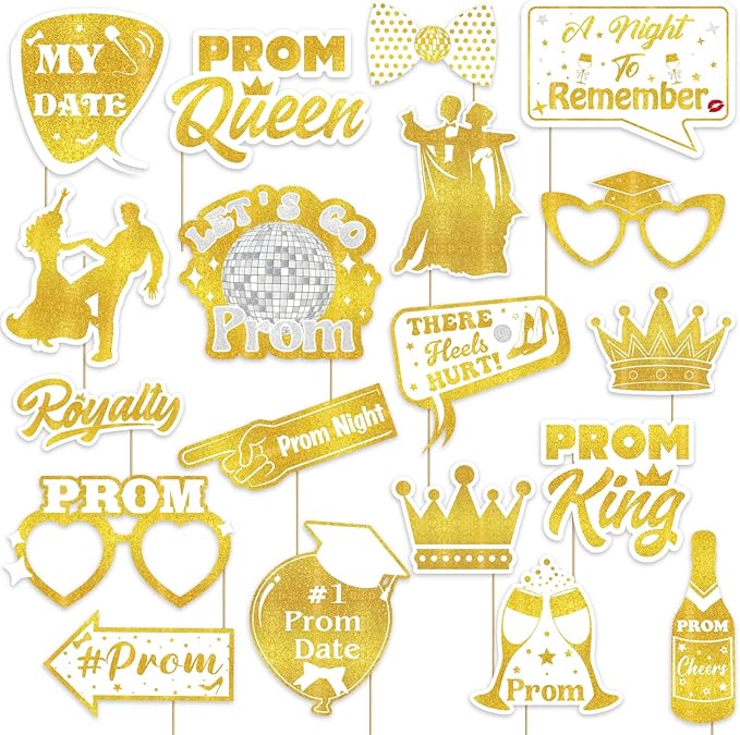 19Pcs White Gold Prom Photo Booth Props, Prom Decorations for Party, Prom Night Themed Party Decorations, Graduation Party Supplies