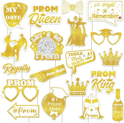 19Pcs White Gold Prom Photo Booth Props, Prom Decorations for Party, Prom Night Themed Party Decorations, Graduation Party Supplies