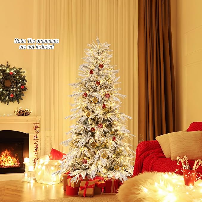 GOFLAME 6FT Pre-lit Artificial Christmas Tree, Snow Flocked Hinged Xmas Tree with 250 Warm White LED Lights, 594 Branch Tips and Folding Metal Stand, Holiday Decoration Tree for Home Party