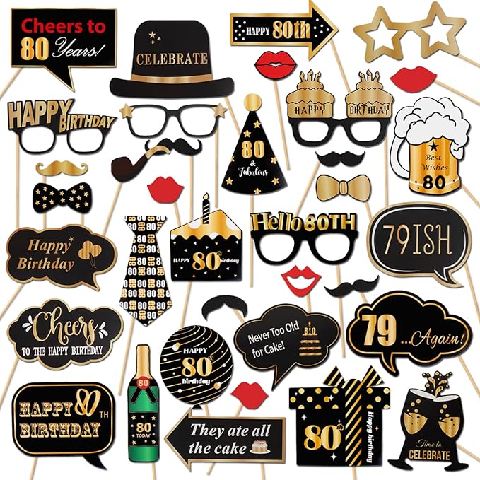 LINGTEER Happy 80th Birthday Party Photo Booth Props,Cheers to 80th Birthday Eighty Years Old Bday Party Centerpieces Props Decorations Sign.