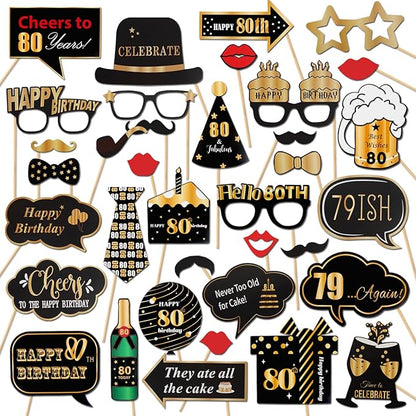 LINGTEER Happy 80th Birthday Party Photo Booth Props,Cheers to 80th Birthday Eighty Years Old Bday Party Centerpieces Props Decorations Sign.