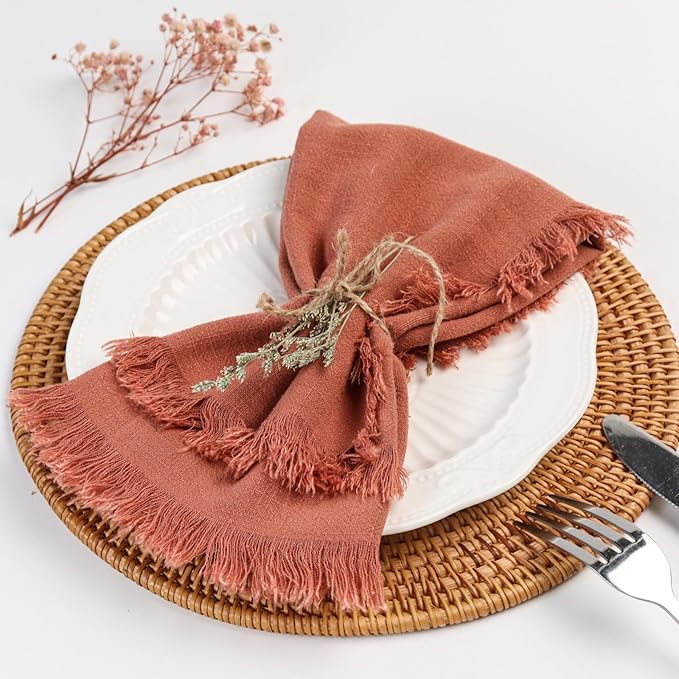 Handmade Cloth Napkins with Fringe,18 x 18 Inches Cotton Linen Napkins Set of 4 Versatile Handmade Square Rustic Fringe Napkins for Dinner, Wedding and Parties, Rose