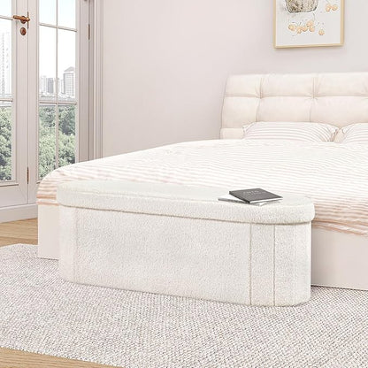 B FSOBEIIALEO Ottoman with Storage for Living Room, Sherpa Folding Storage Ottoman Foot Rest, 43.3 Inches Collapsible Bedroom Bench White