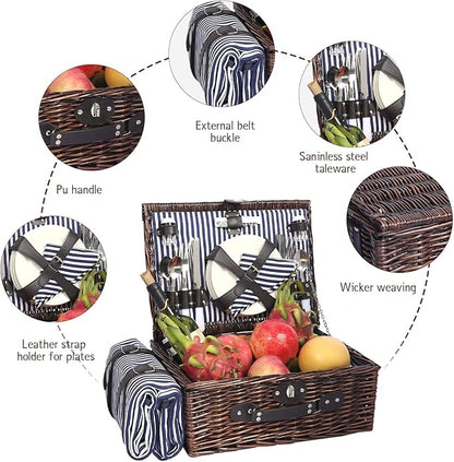 Picnic Basket for 4 Persons with Waterproof Picnic Blanket and Insulated Cooler, Large Wicker Picnic Basket for Camping, Outdoors, Valentine's Day, Christmas, Birthday, Wedding Gift