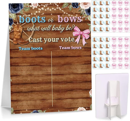 Poen Boots or Bows Gender Reveal Game Board with Stand, 60 Pink Bow & Brown Boot Stickers, Cast Your Vote Baby Shower Party Supplies, Boy or Girl Guessing Game Decorations for Gender Reveal Party